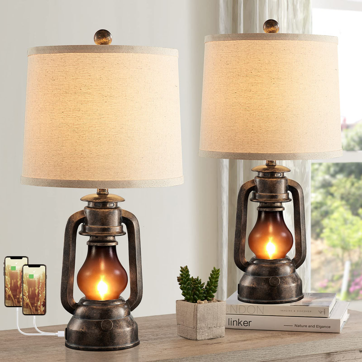 RORIANO Farmhouse lantern table lamp set 2 with warm vintage glow for living rooms