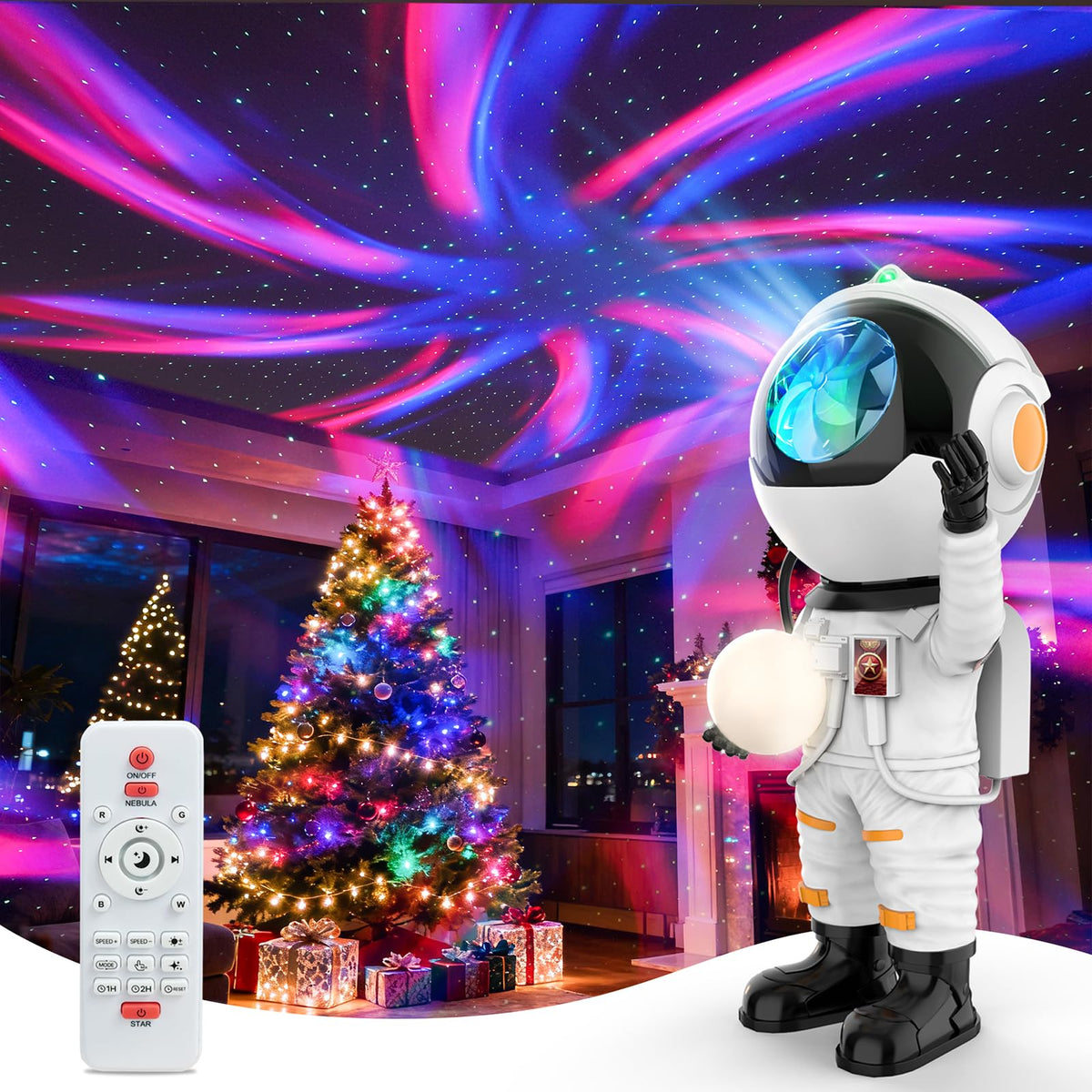 Rossetta Astronaut Galaxy Projector casts ceiling stars for a calming ambience.