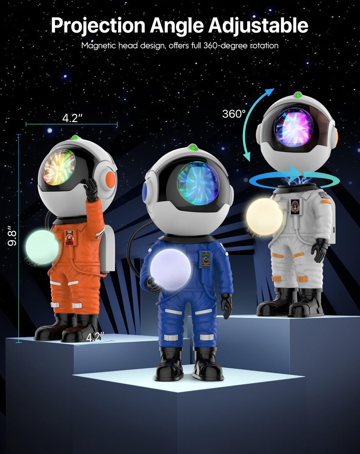 Rossetta Astronaut Galaxy Projector magnetic head lets you adjust projection angle.
