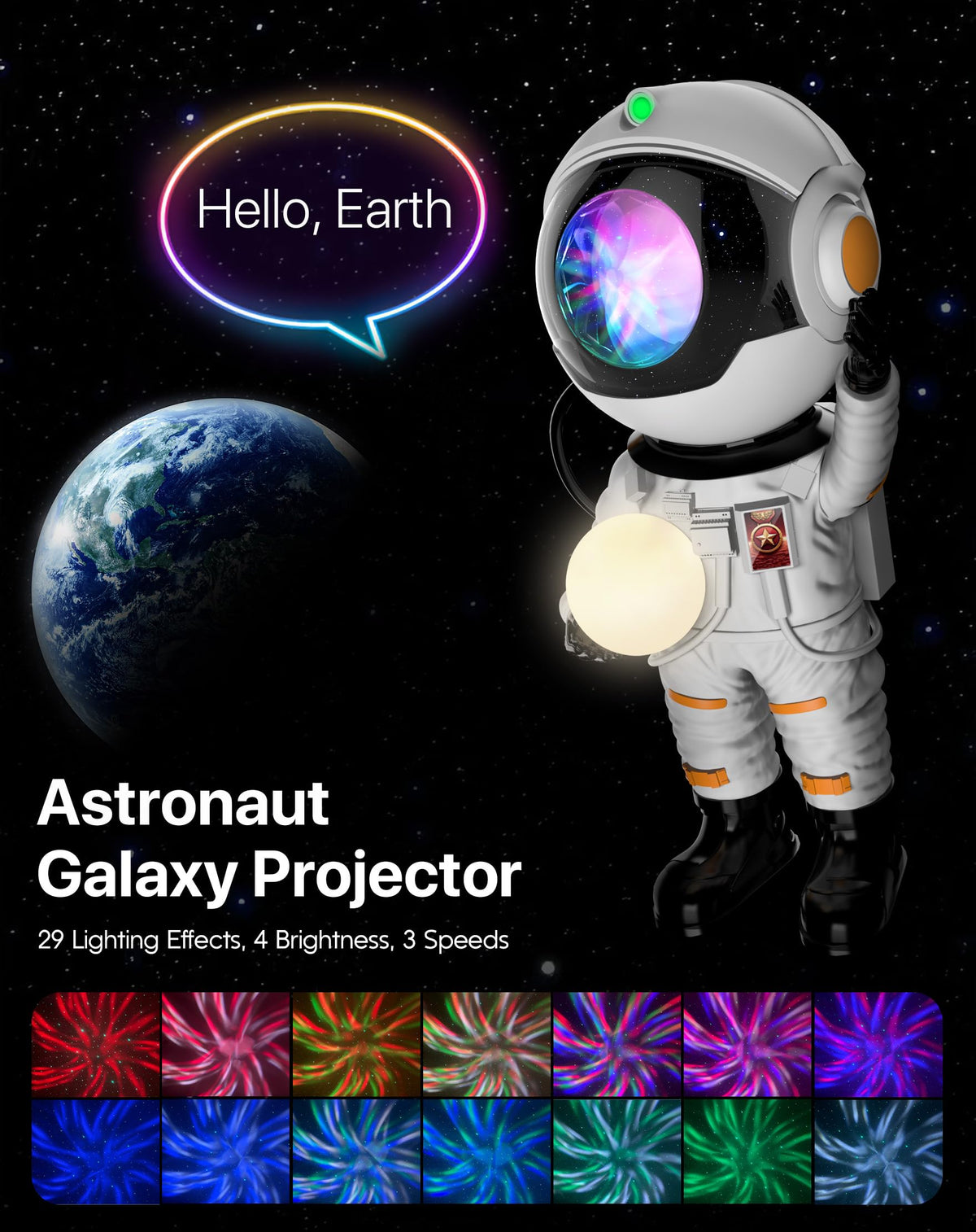 Rossetta Astronaut Galaxy Projector shows 6-color moon light for soothing nights.
