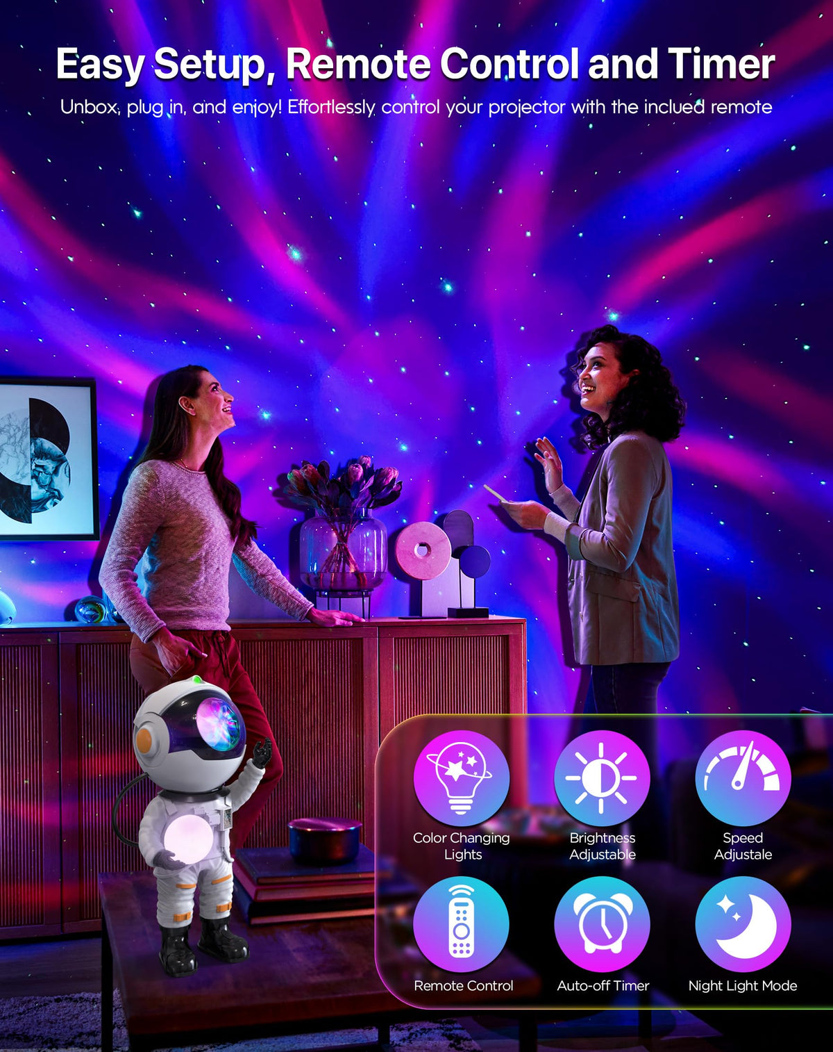 Rossetta Astronaut Galaxy Projector timer feature lets you schedule auto-off.