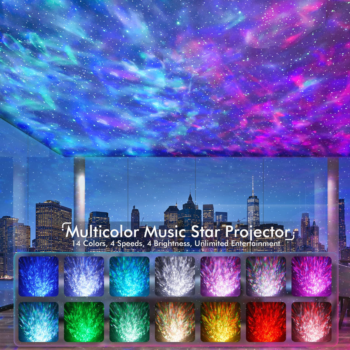 Rossetta Star Projector showcases 14 colors for immersive starlight lighting.