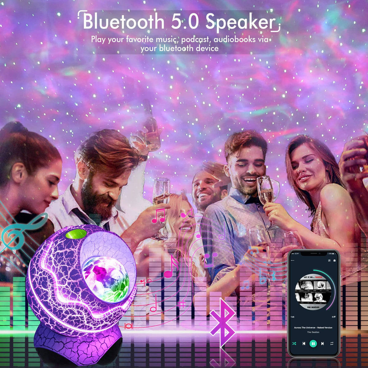 Rossetta Star Projector built-in Bluetooth speaker enhances mood with synced music.