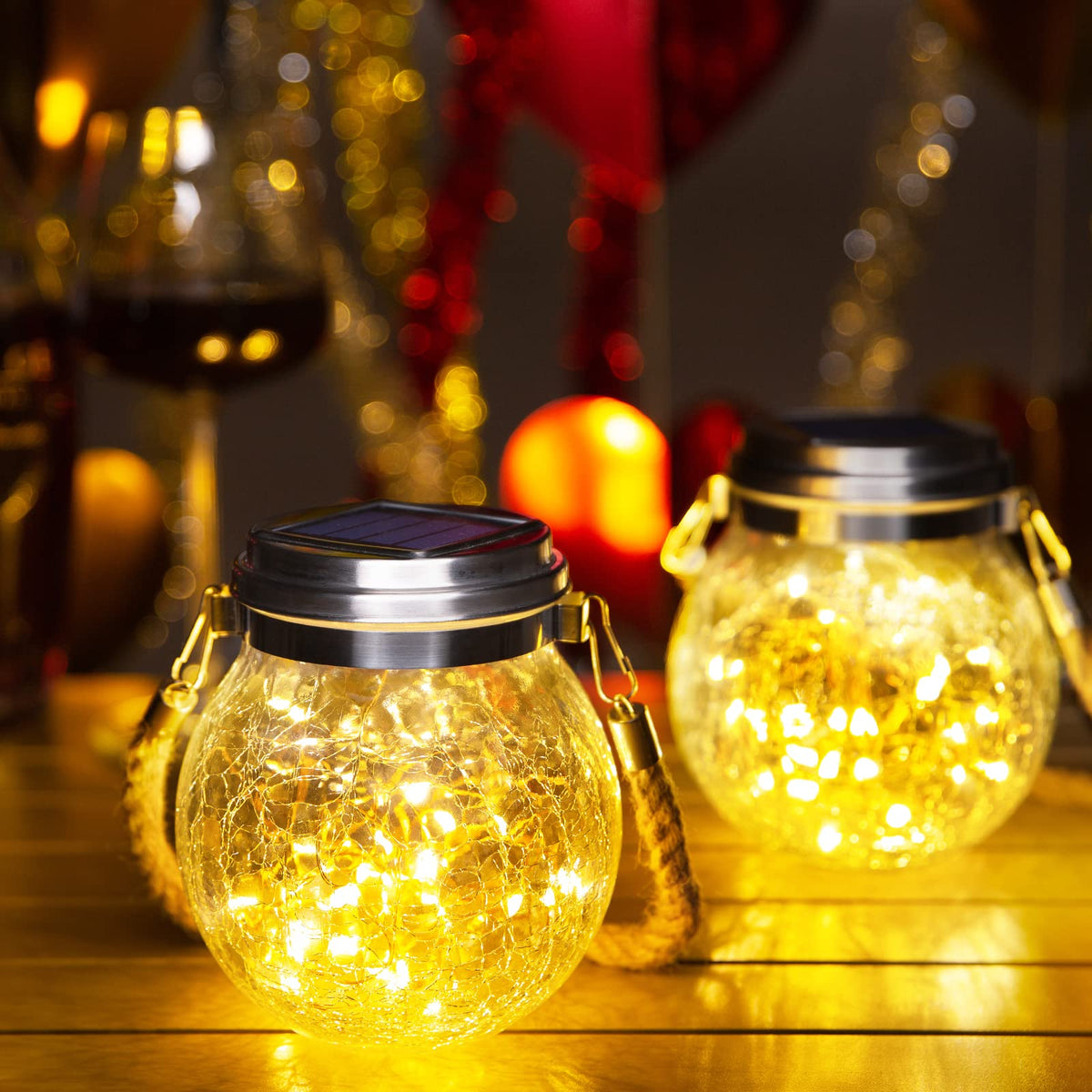 ROSHWEY 4-pack solar lanterns outdoors provide bright energy-efficient glow.