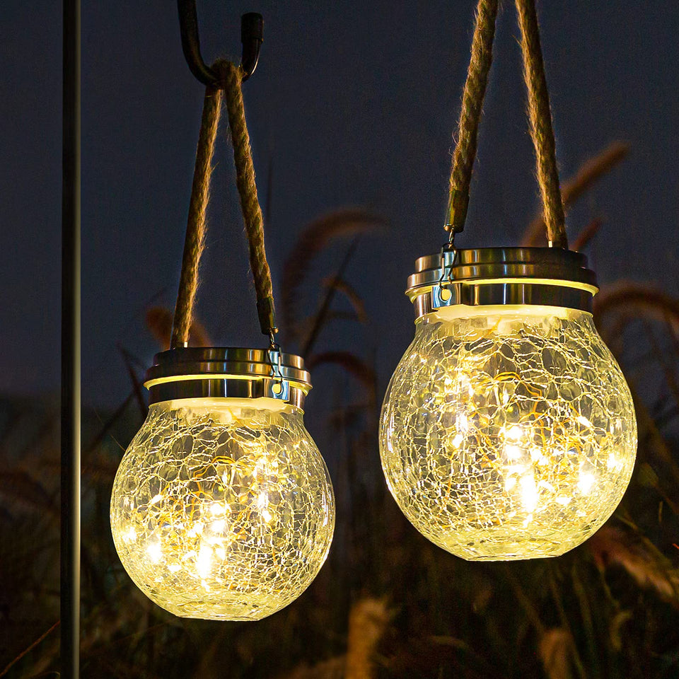 ROSHWEY solar lantern 2-pack hanging garden light for outdoor ambiance.
