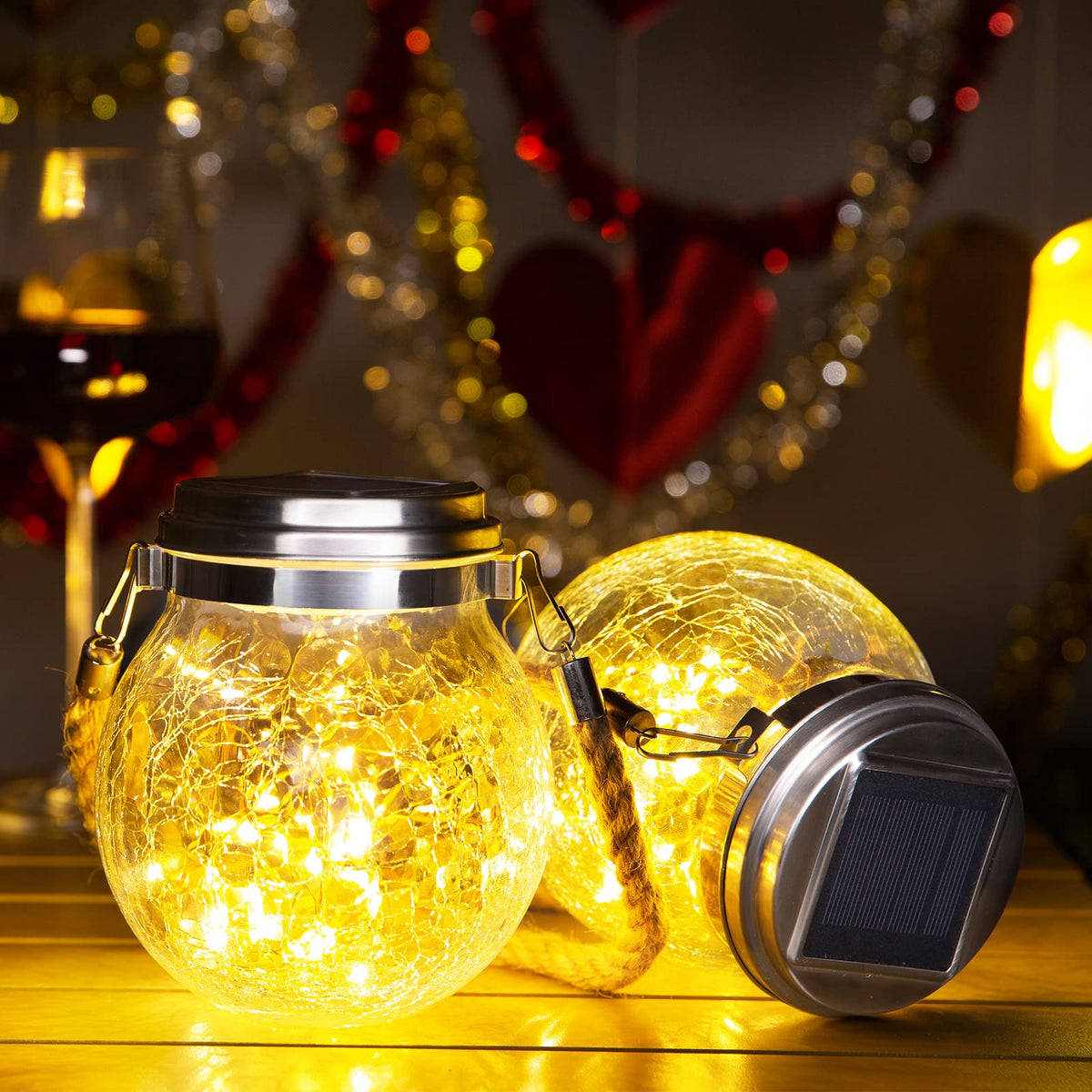 ROSHWEY solar lantern 4 pack hangs on garden and patio for warm ambient light