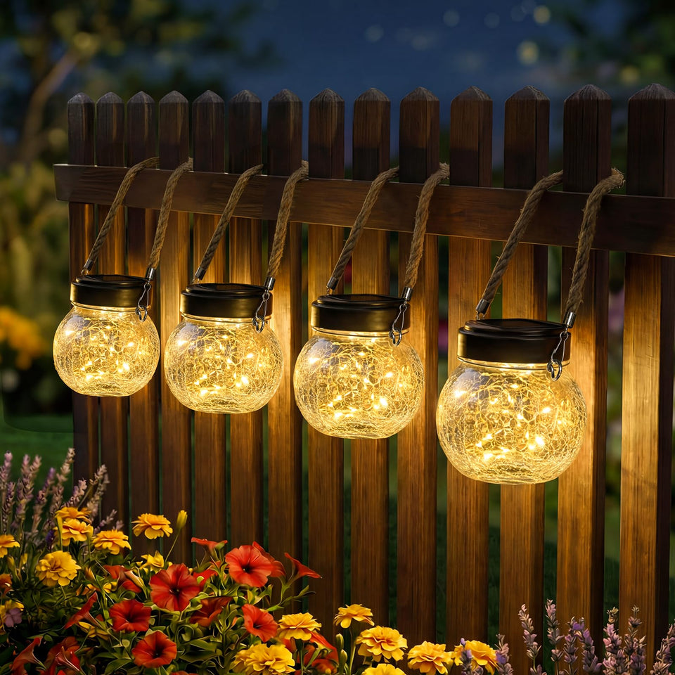 ROSHWEY solar lantern with crackle glass globe for ambient backyard lighting.