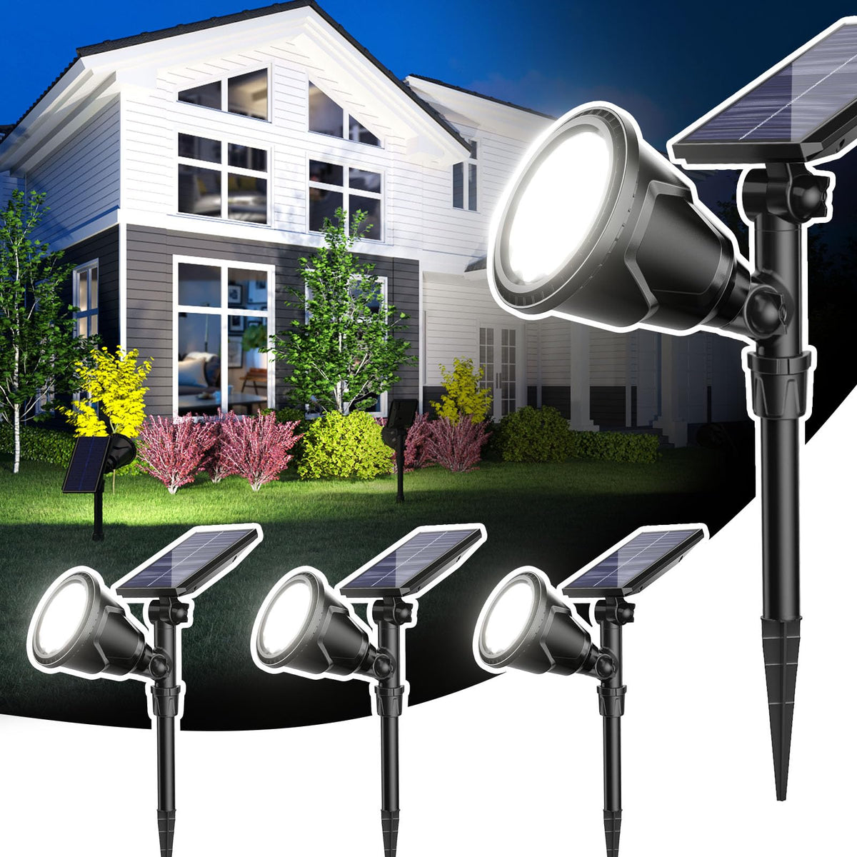 ROSHWEY four-pack stake installation lights illuminate a garden path.