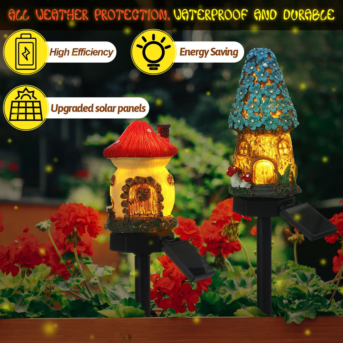 Rossesay Fairy House Mushroom Solar Light highlights entryway with whimsical glow.