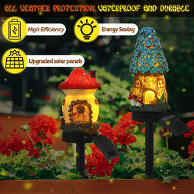 Rossesay Fairy House Mushroom Solar Light highlights entryway with whimsical glow.