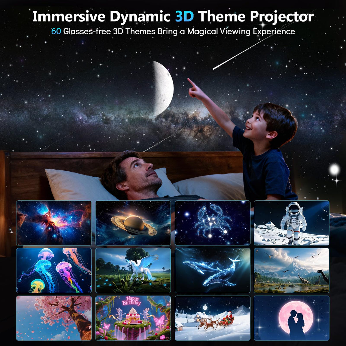 Rossetta 3D Projector with 60 scenes showcases dynamic themes for family entertainment and wonder.