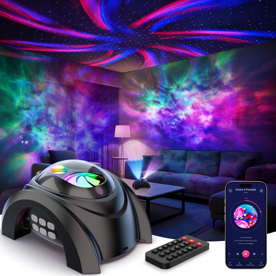 Rossetta dual-lens galaxy projector with aurora lights on ceiling for relaxing ambiance