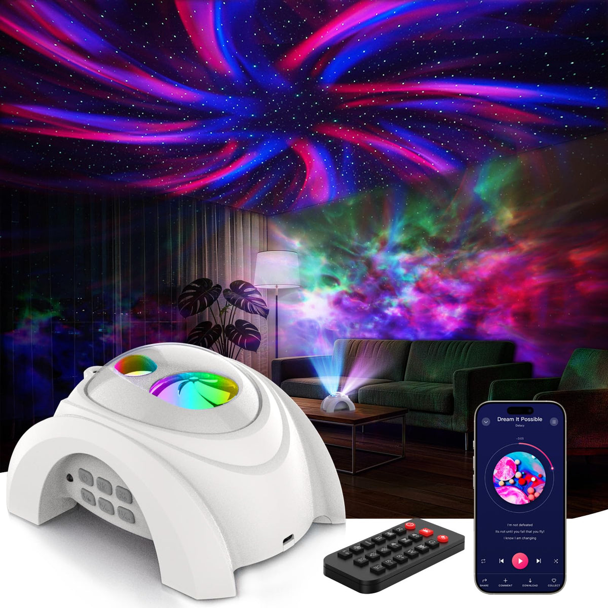 Rossetta dual-lens galaxy projector front view creating calming cosmos ambiance