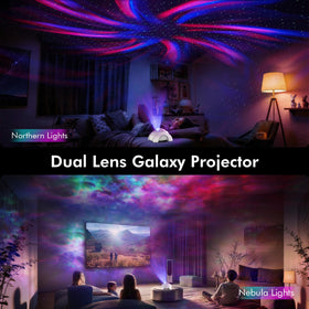 Rossetta dual-lens galaxy projector side view with aurora colors for relaxing evenings