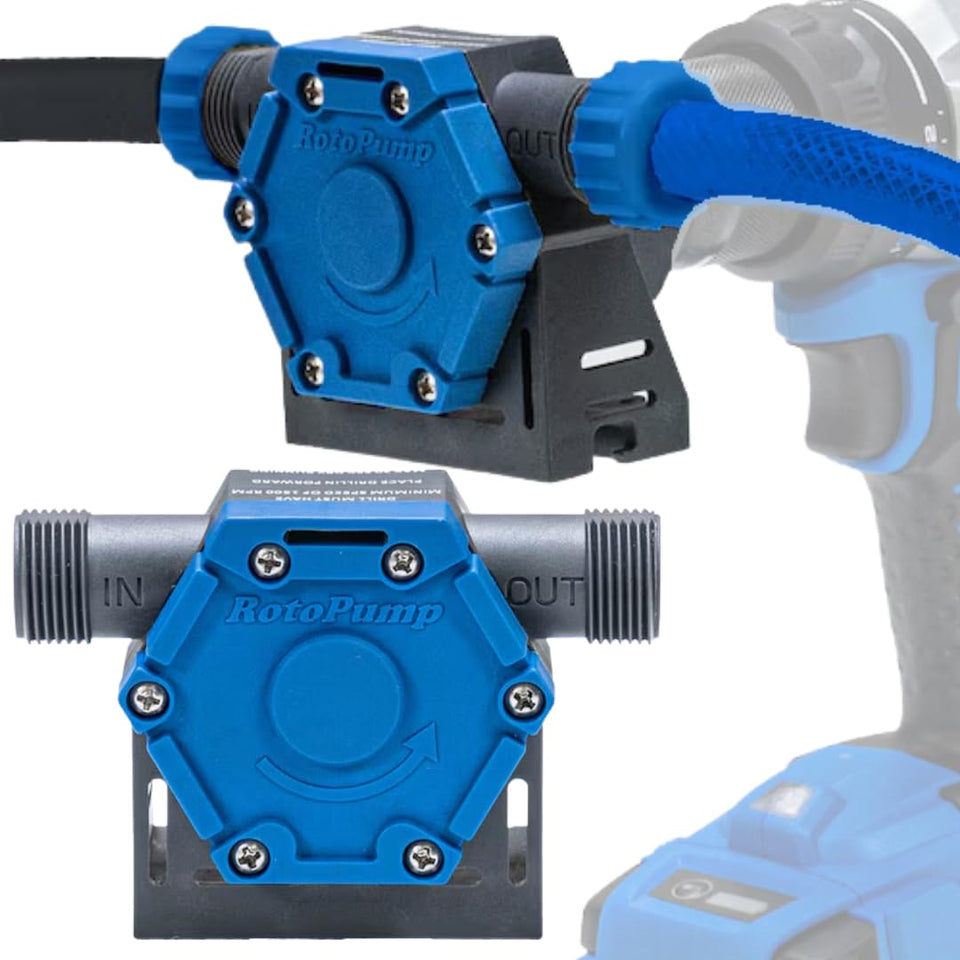 RotoScrub RotoPump drill attachment ready to drain water quickly with any drill.