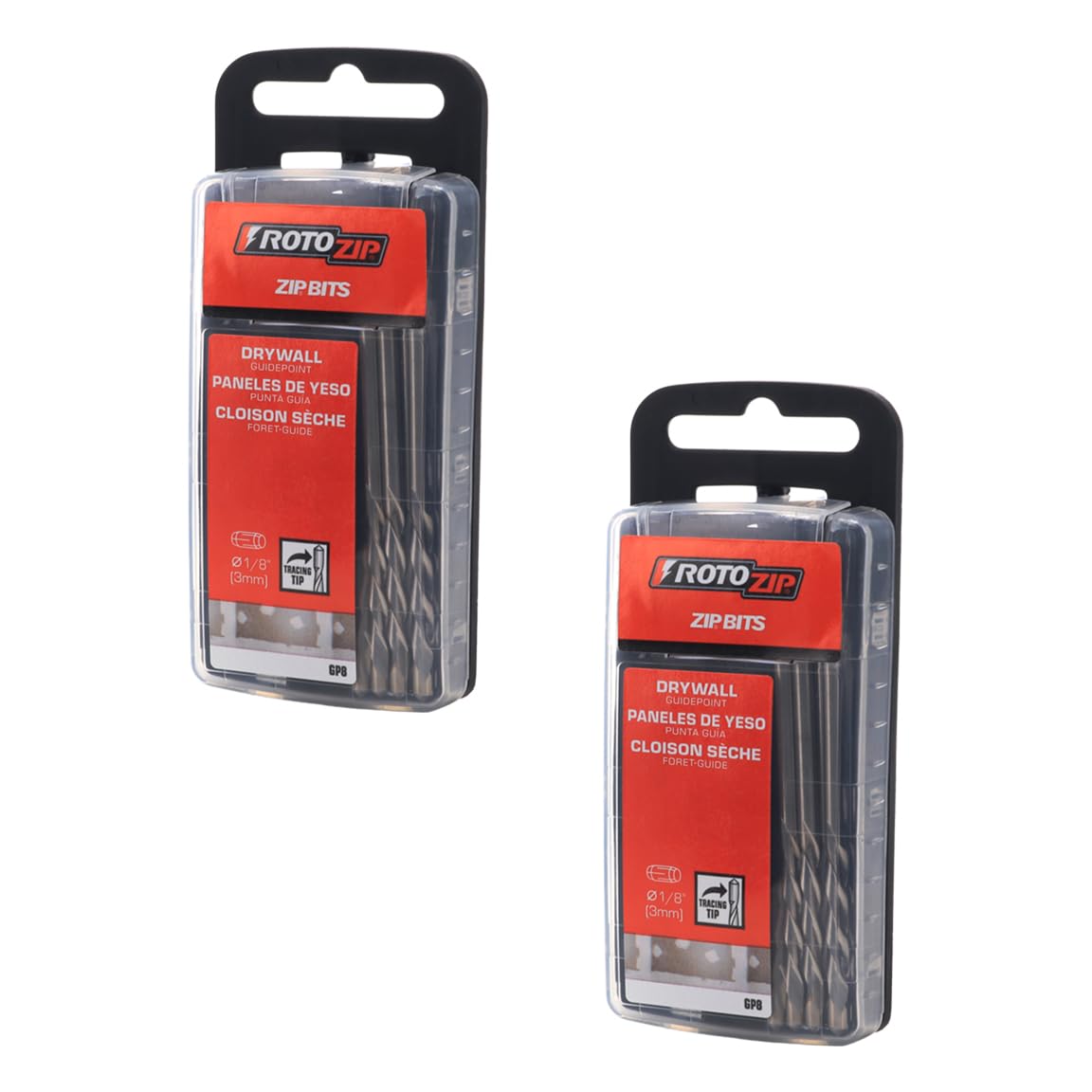 RotoZip 1/8-inch guide point drywall bits in a protective dispenser for easy storage.