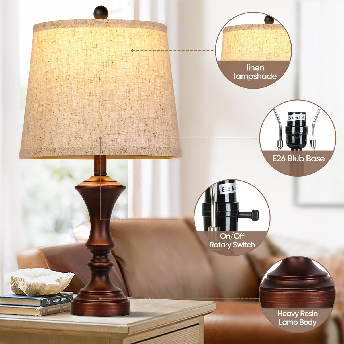 ROTTOGOON bedside lamps with black resin base on nightstand