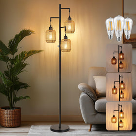 ROTTOGOON dimmable boho floor lamp with 3-light design, ideal for living room ambiance.