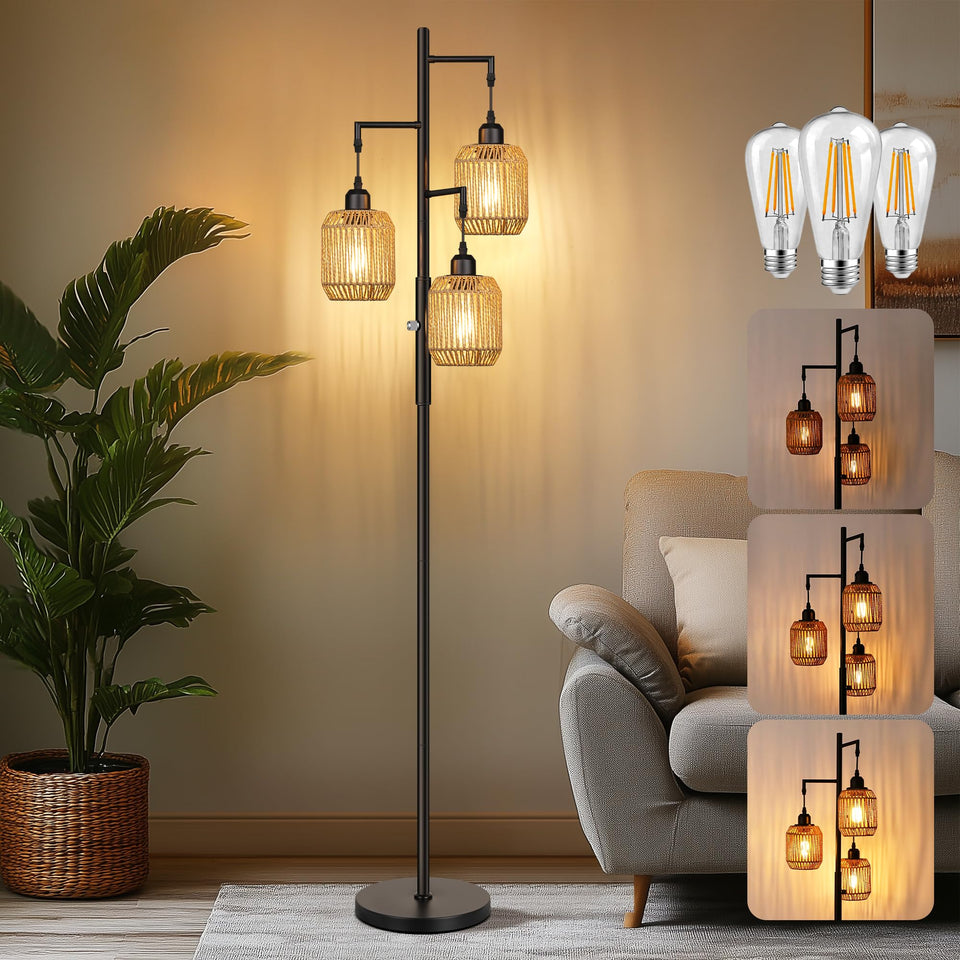 ROTTOGOON dimmable boho floor lamp with 3-light design, ideal for living room ambiance.