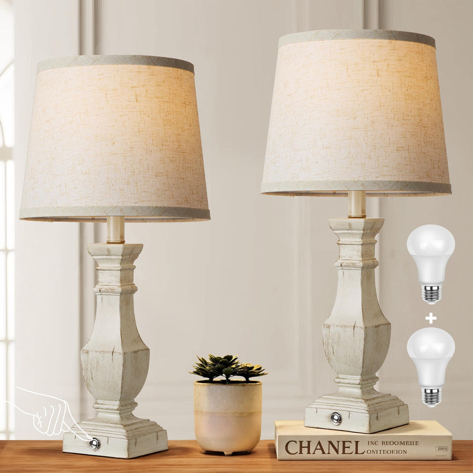 RottoGoon dimmable table lamps in antique white with warm, adjustable brightness.