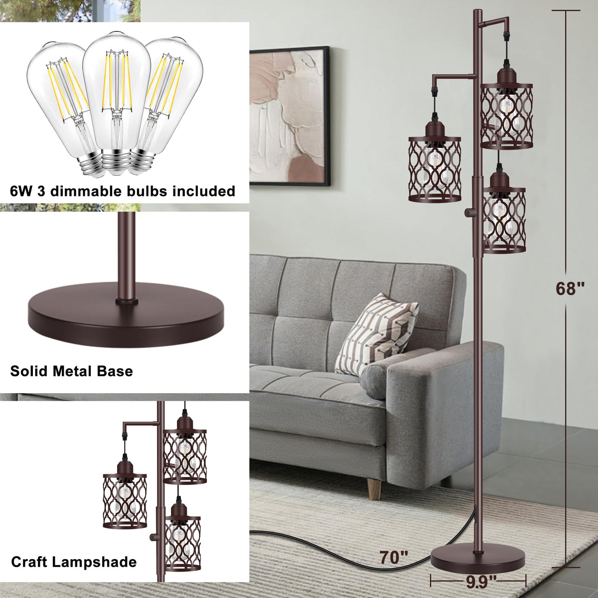 RottoGoon tree-style lamp with three cages adds rustic charm.