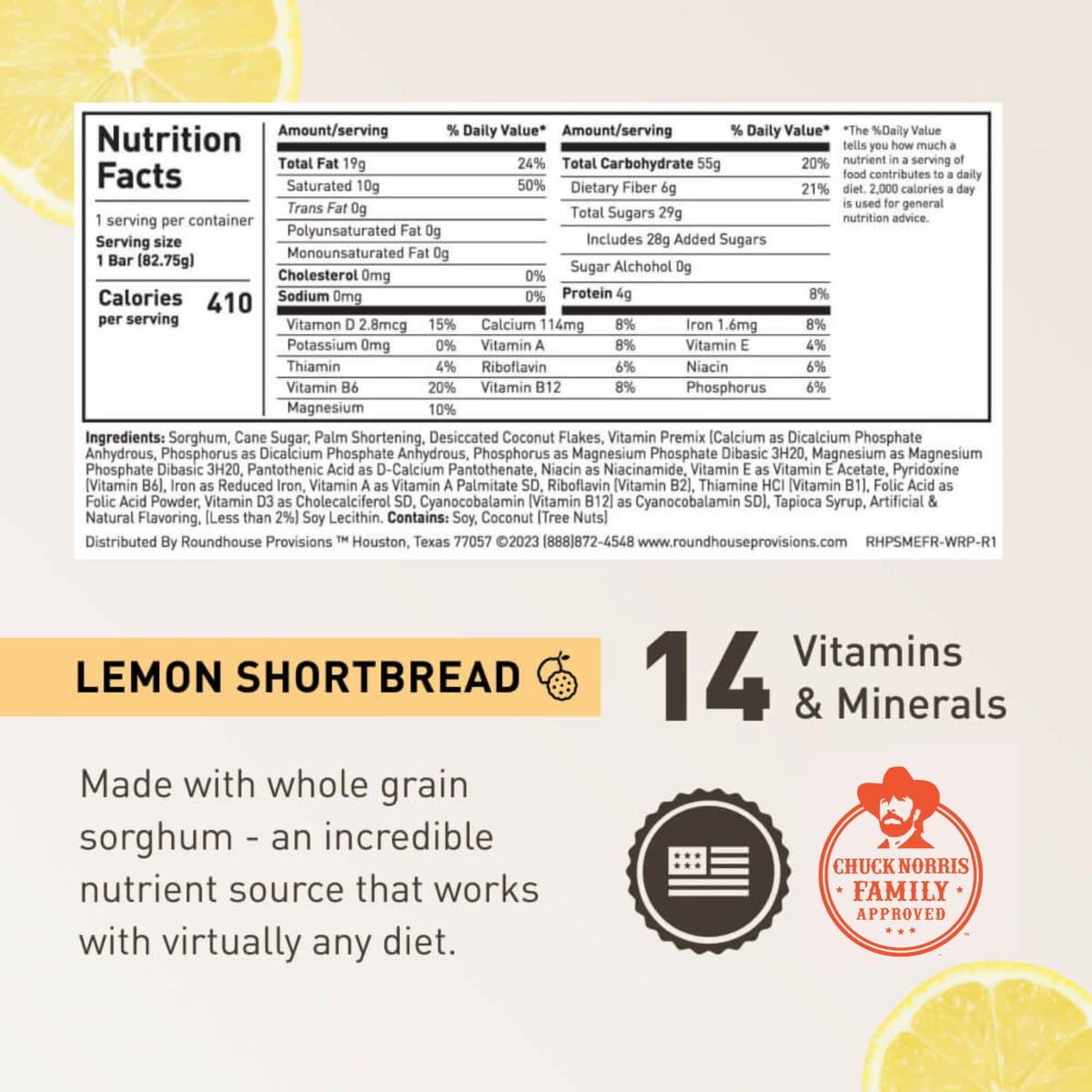 ROUNDHOUSE PROVISION lemon shortbread bar close-up texture highlighting protein and fiber.