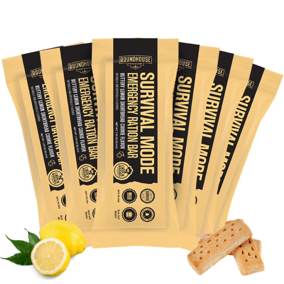 ROUNDHOUSE PROVISION packaging lemon shortbread bar—easy grab-and-go emergency snack.
