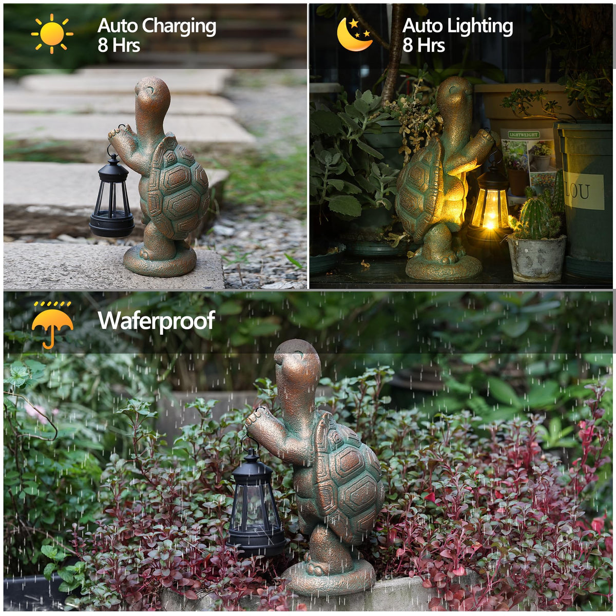 Roundot turtle statue sits beside flowers, casting gentle light after sunset.