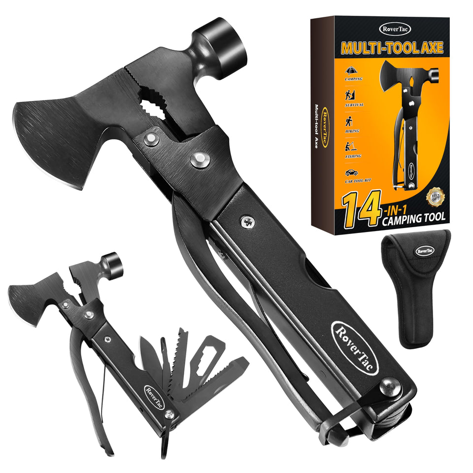 RoverTac 14-in-1 multitool with axe for rugged camping tasks.