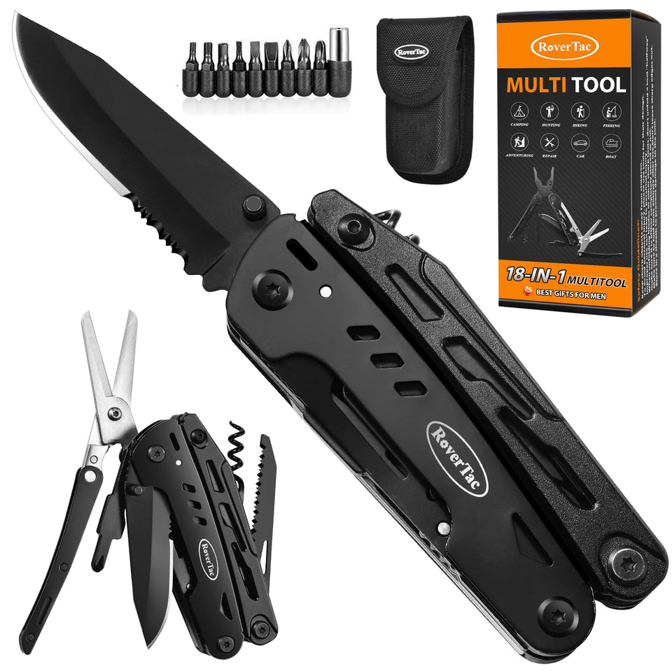 RoverTac 18-in-1 multitool folding knife with pliers for versatile outdoor tasks.