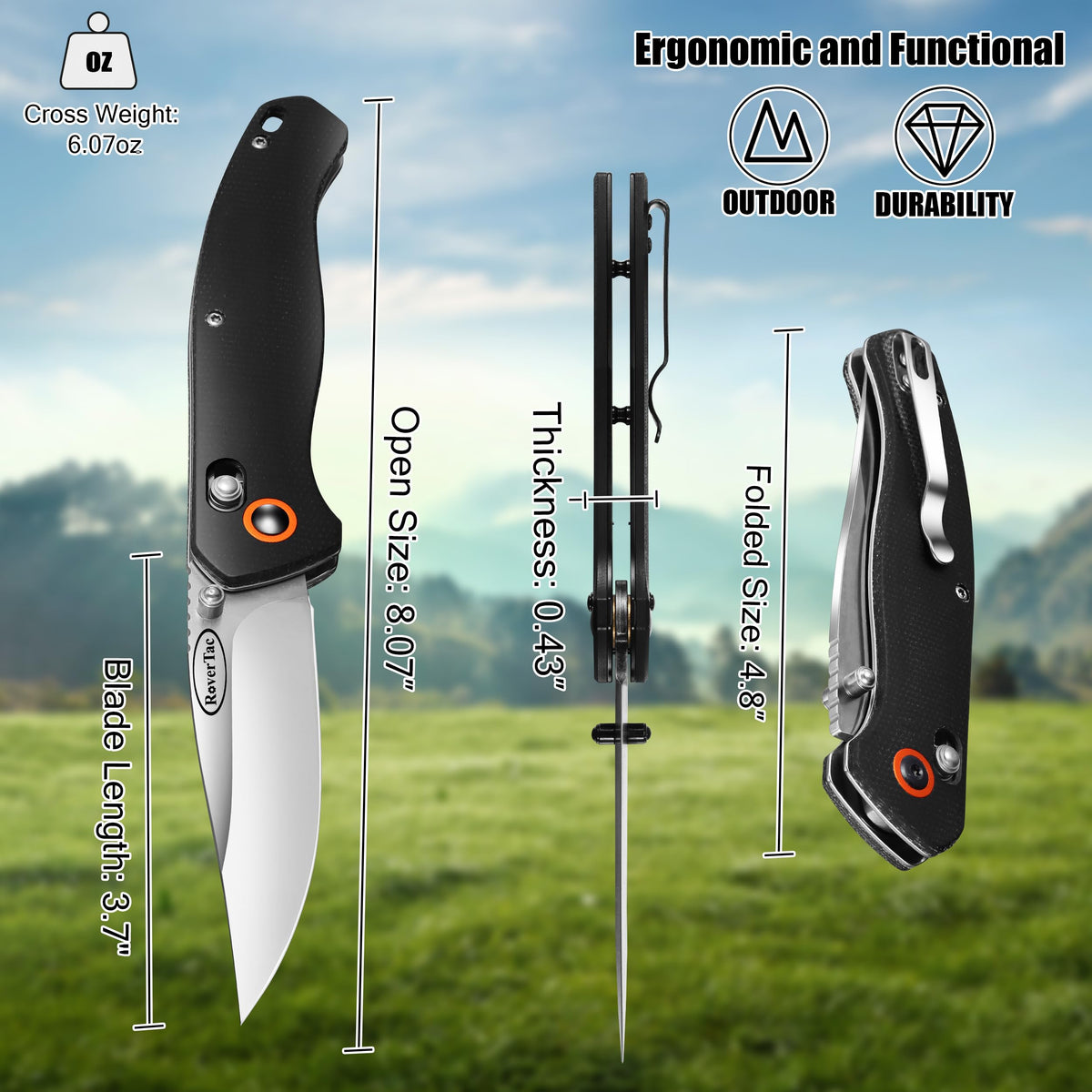 RoverTac 440C stainless steel blade close-up highlights edge retention