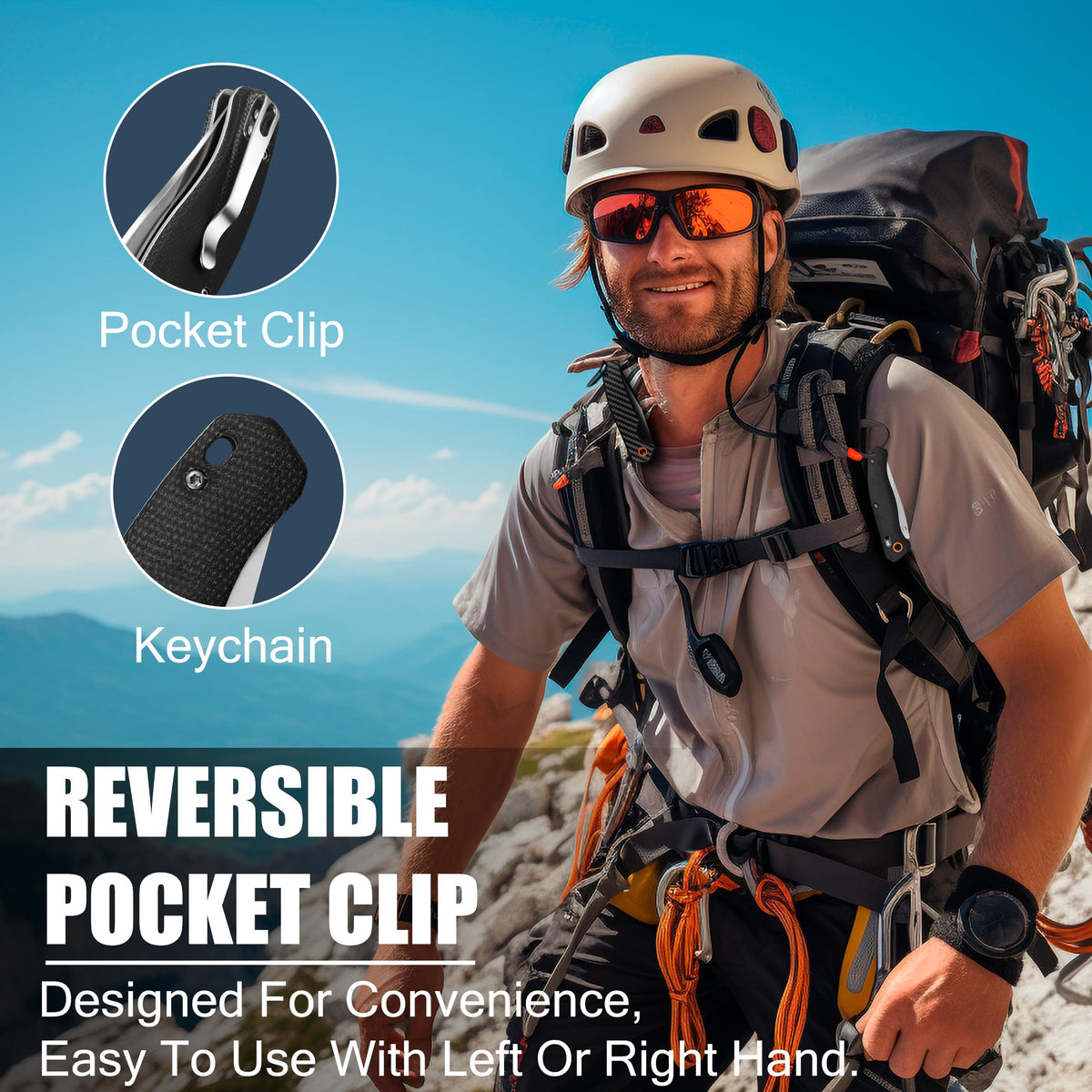 RoverTac pocket clip shown for easy carry during camping or hiking