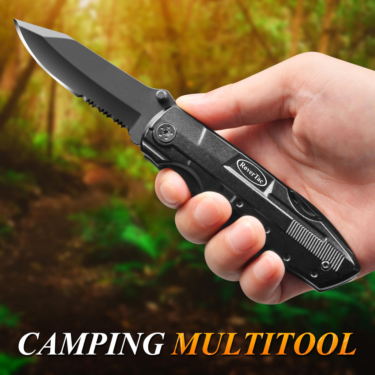 RoverTac multitool saw tackling small wood tasks on a trail