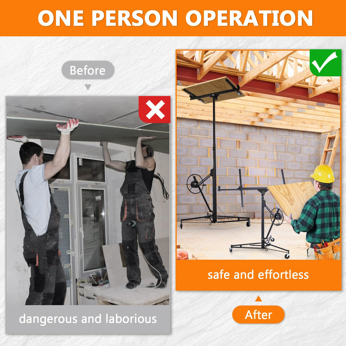 Rovibek Drywall Lift telescopic arm extends to accommodate large panels.