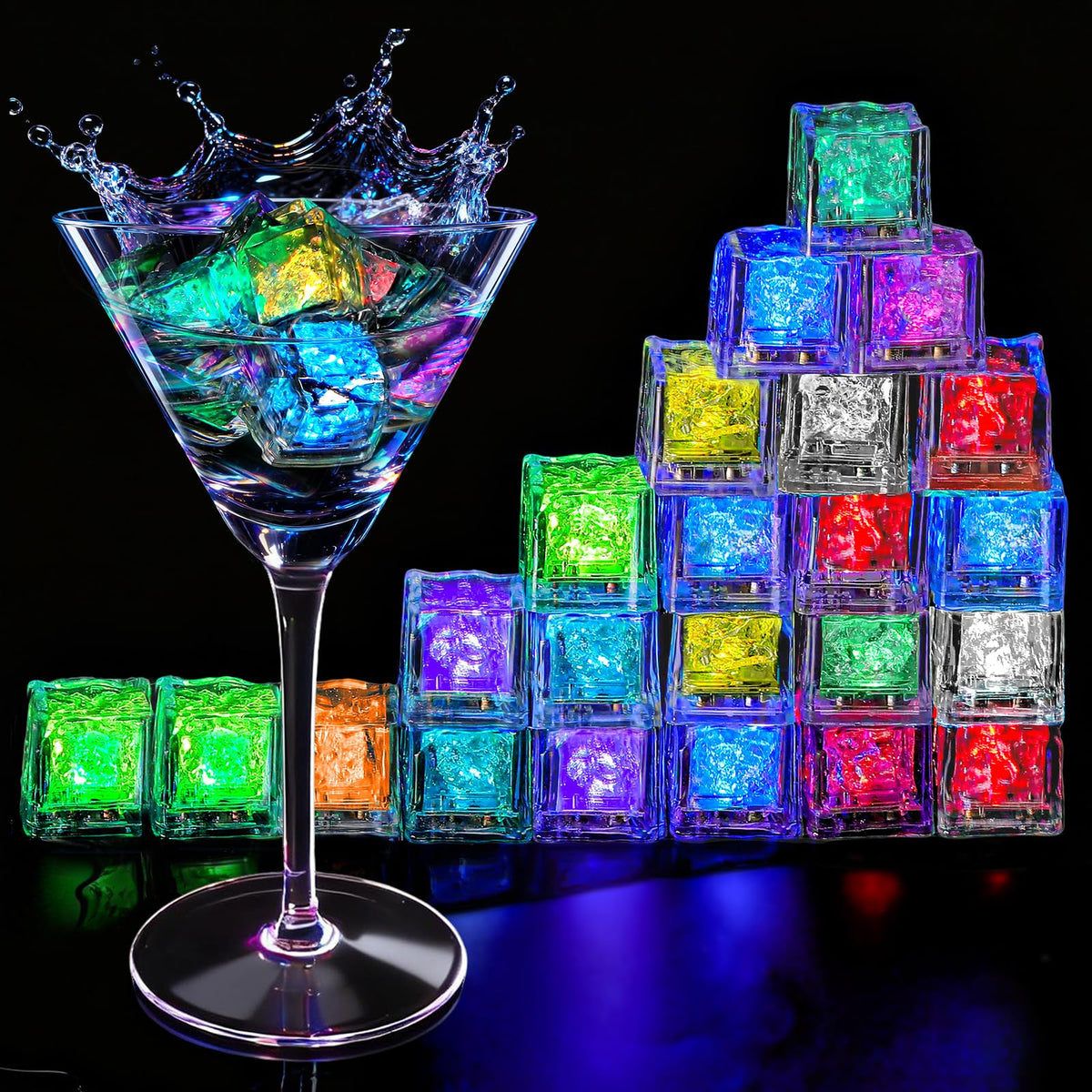 RowinsyDD light-up ice cubes pack shot, vibrant glow for parties