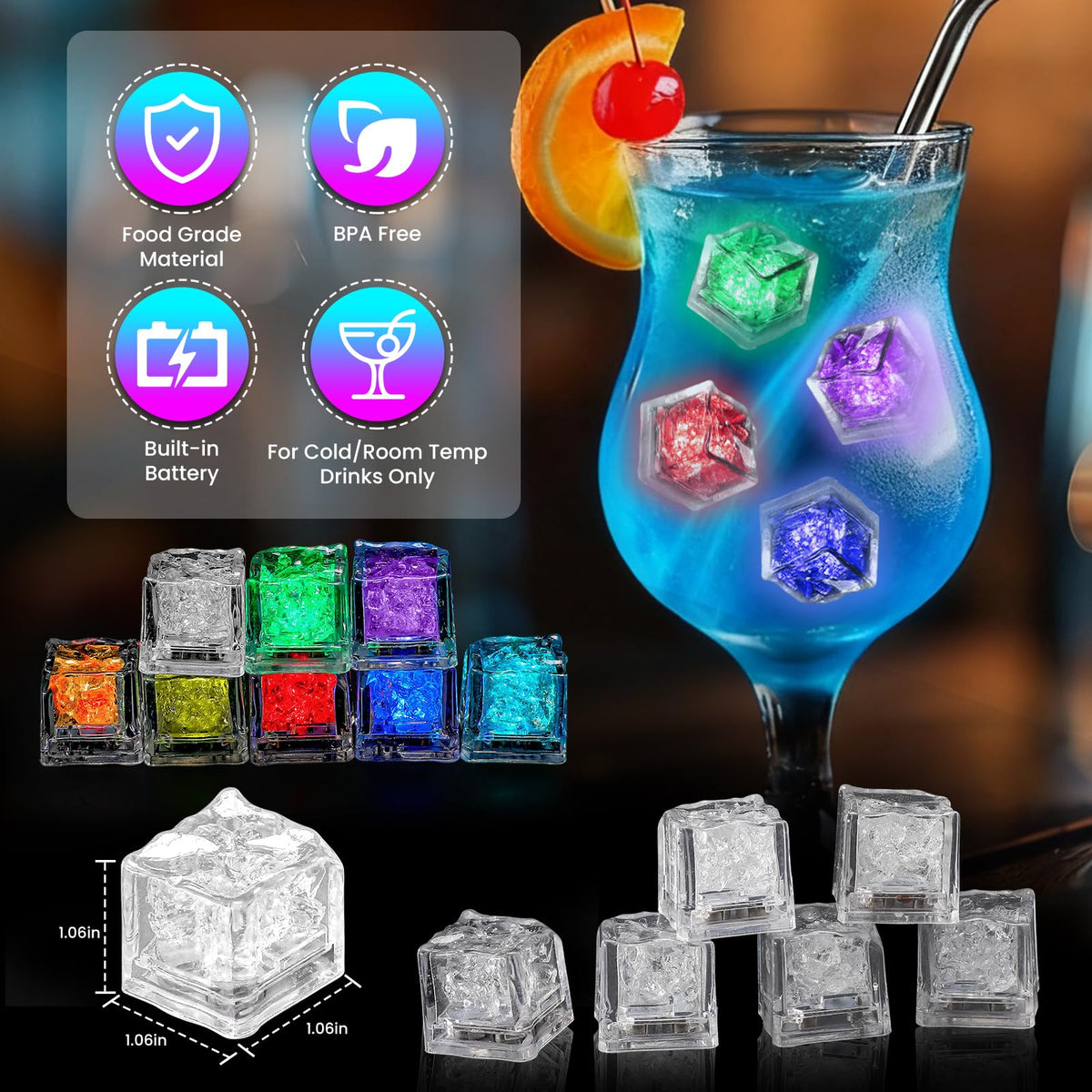 RowinsyDD liquid-activated cubes illuminate cocktails on contact with liquid.