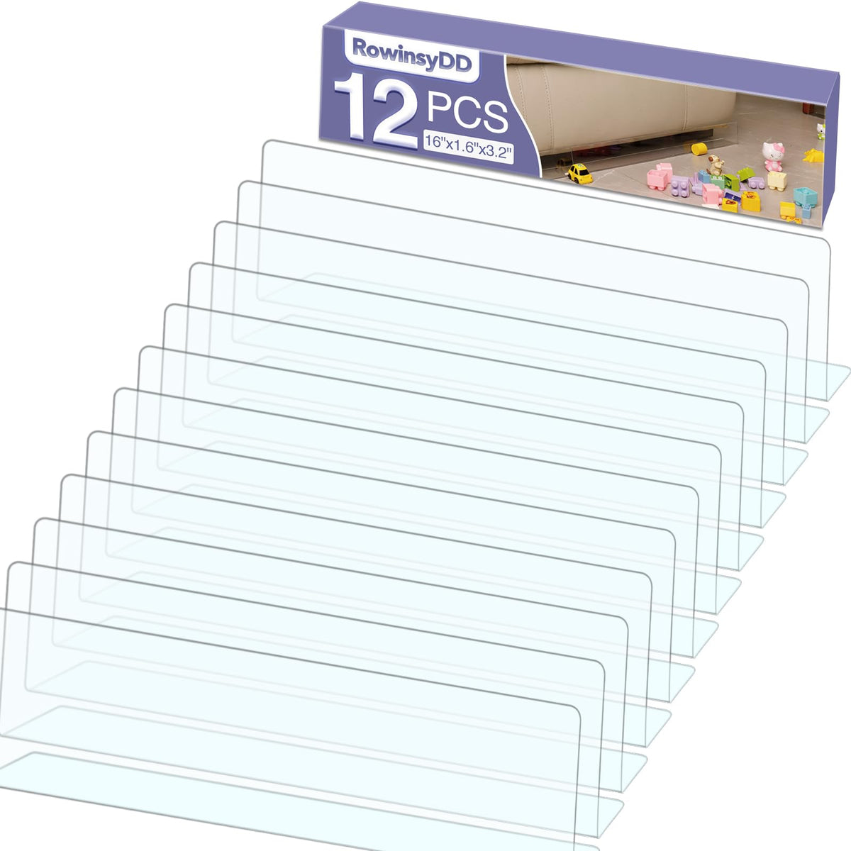 RowinsyDD under-couch blocker in clear plastic keeps toys and dust from slipping under furniture.