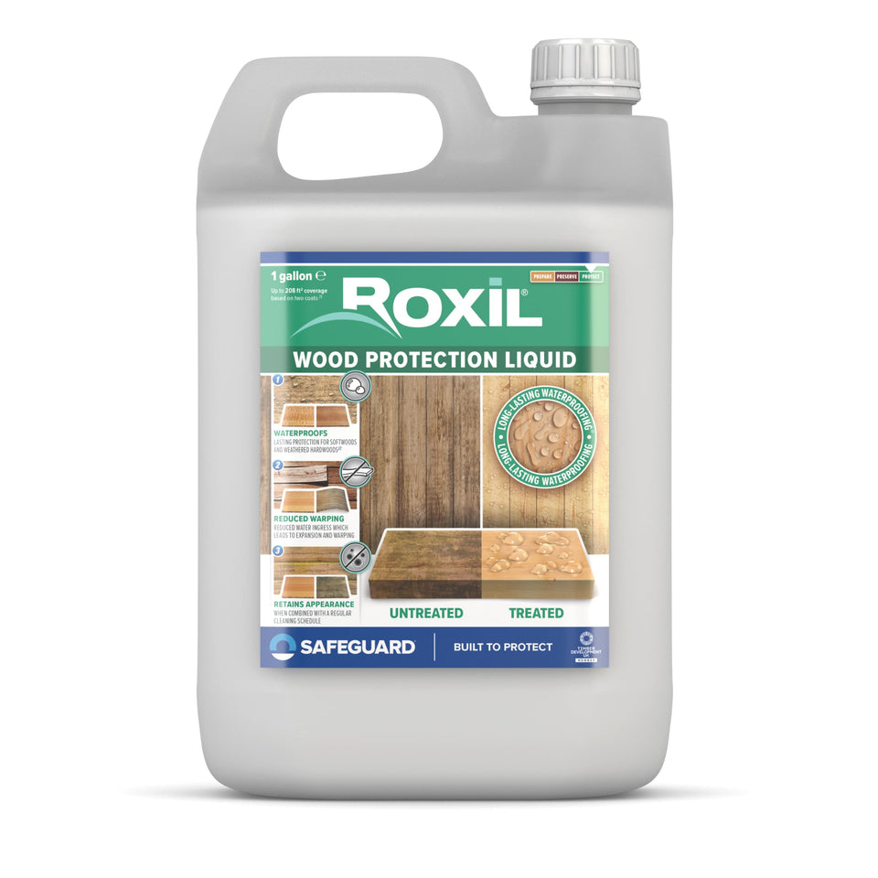 Roxil Wood Sealer Liquid bottle demonstrates a clear, penetrating finish for outdoor protection.