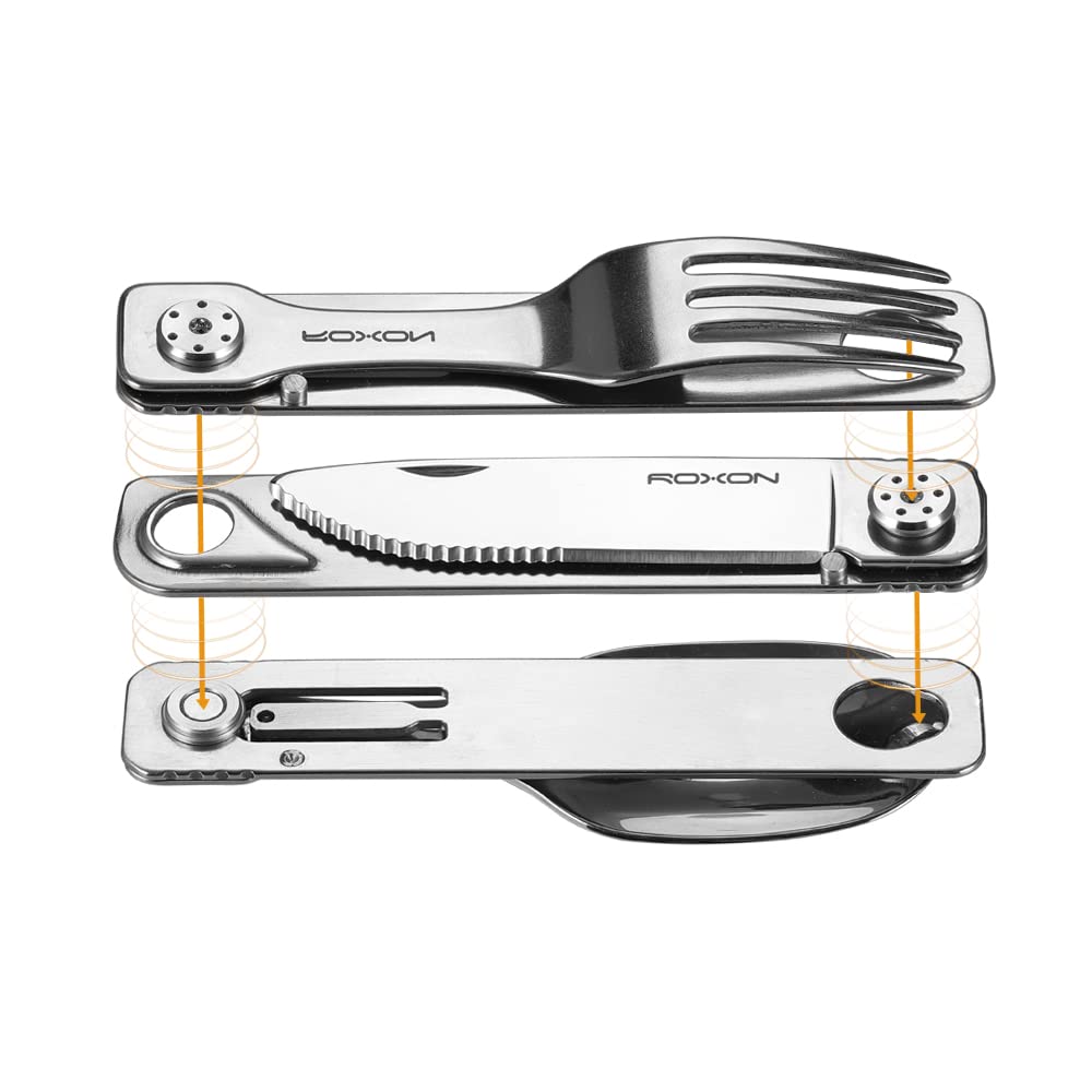 ROXON magnetic folding keeps knife, spoon, and fork securely attached during transport