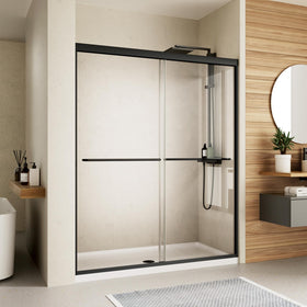 Royal Guard double sliding shower door front view with matte black frame and clean lines