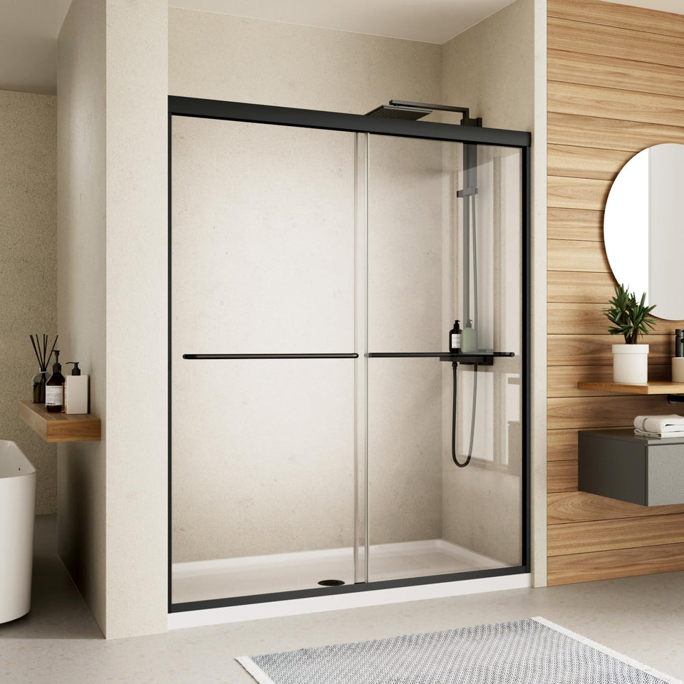 Royal Guard double sliding shower door front view with matte black frame and clean lines