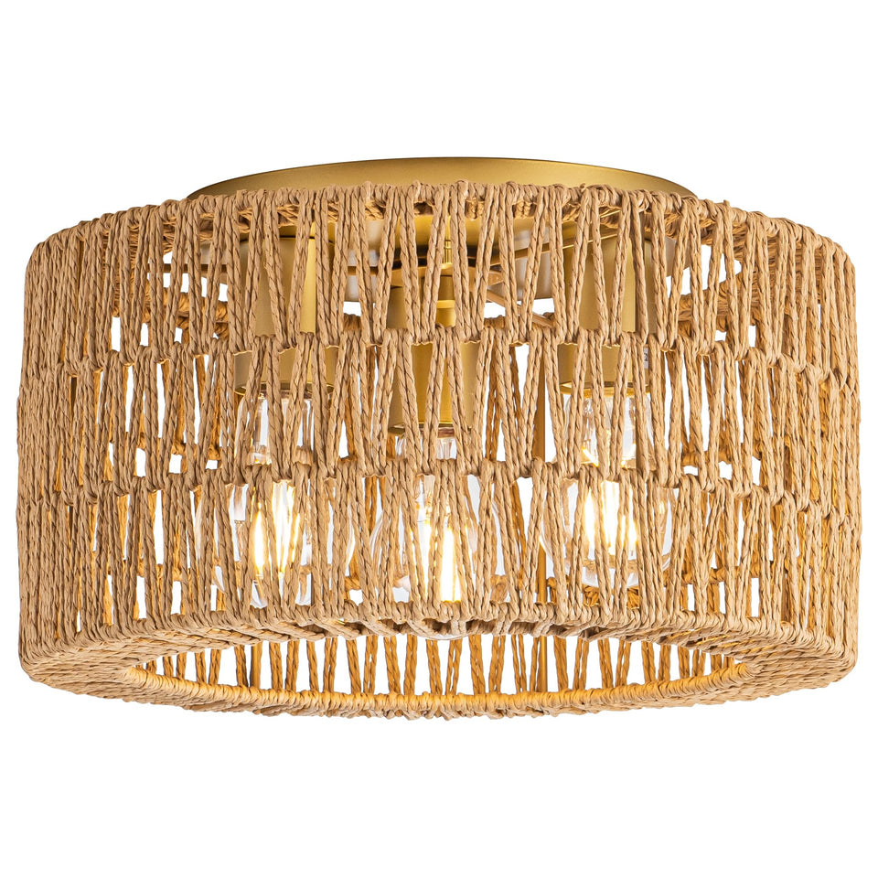 Rpzloila rattan ceiling light; three-light fixture adds warm ambience