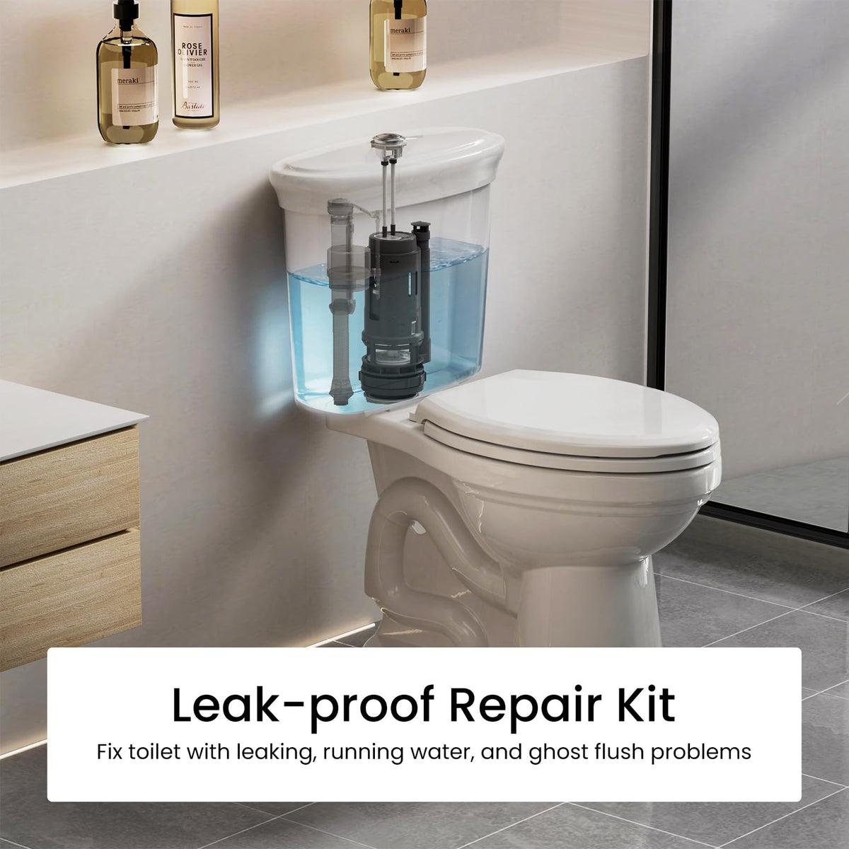 R&T inside-tank repair kit during installation enables quick fixes for running water.