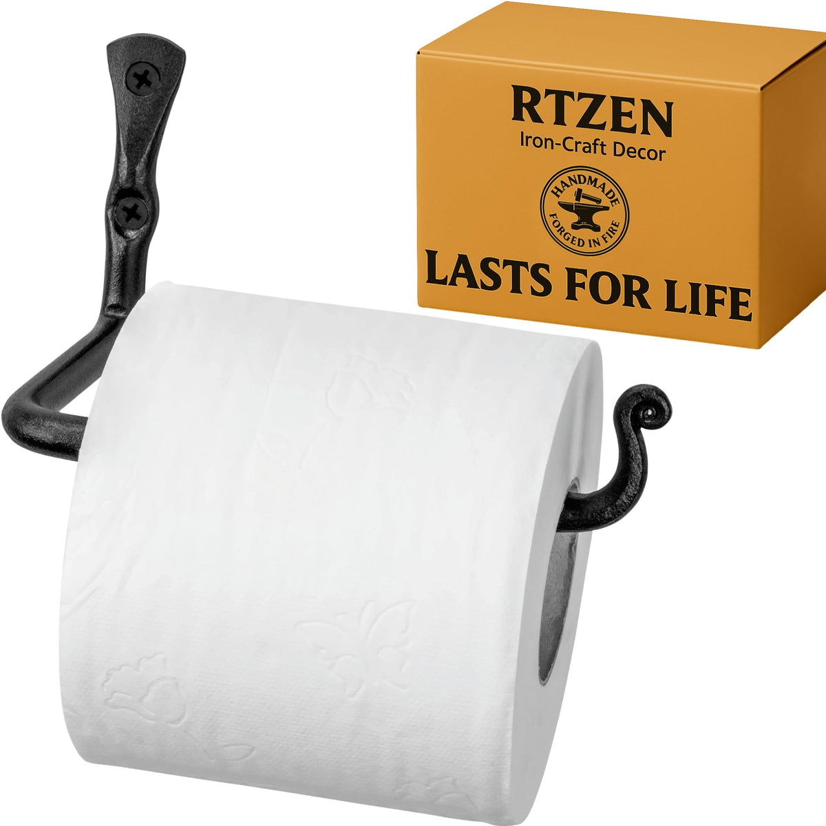 RTZEN toilet paper holder in black matte finish, wall-mounted, adds convenient roll access for modern farmhouse bathrooms.