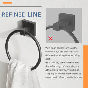 Ruacq matte black towel ring shows 180-degree swing for easy towel access.