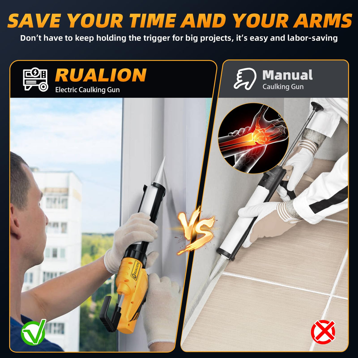 RUALION electric caulk gun with 360-degree cradle for corner access and precision.
