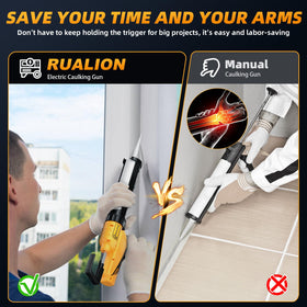 RUALION electric caulk gun with 360-degree cradle for corner access and precision.