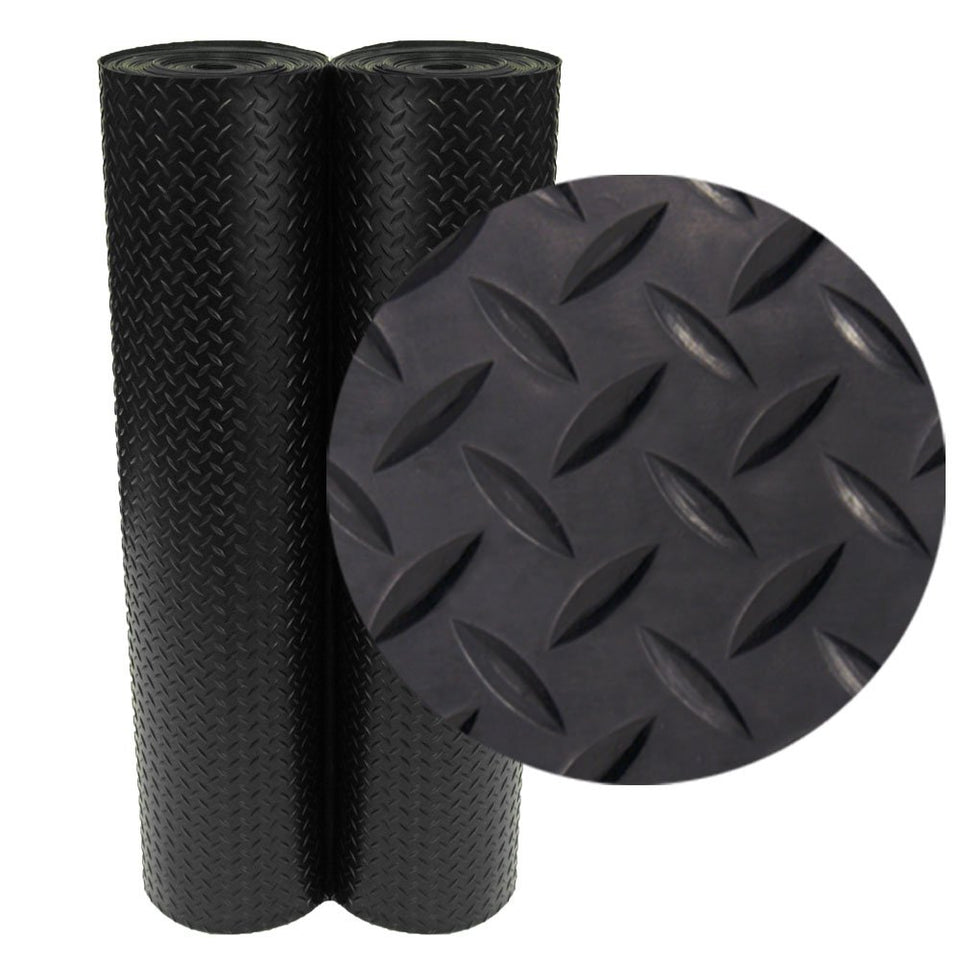 Rubber-Cal Diamond-Plate flooring roll close-up showing textured surface for slip resistance.