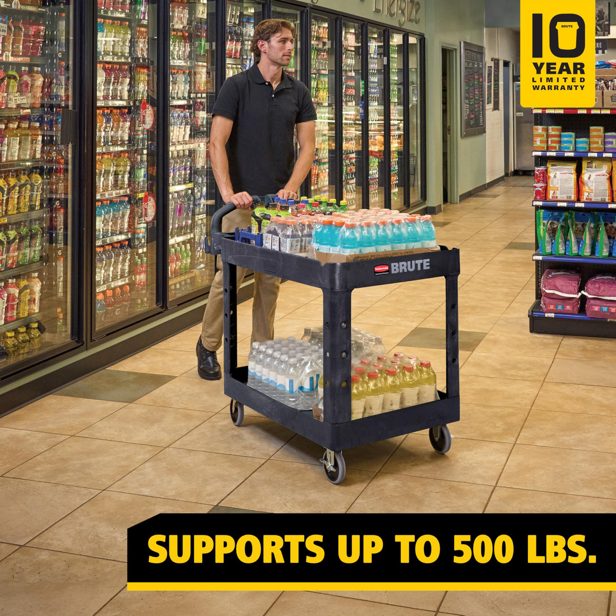 Rubbermaid 2-shelf cart with lipped shelves to keep items secure.
