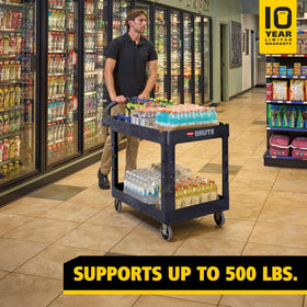 Rubbermaid 2-shelf cart with lipped shelves to keep items secure.
